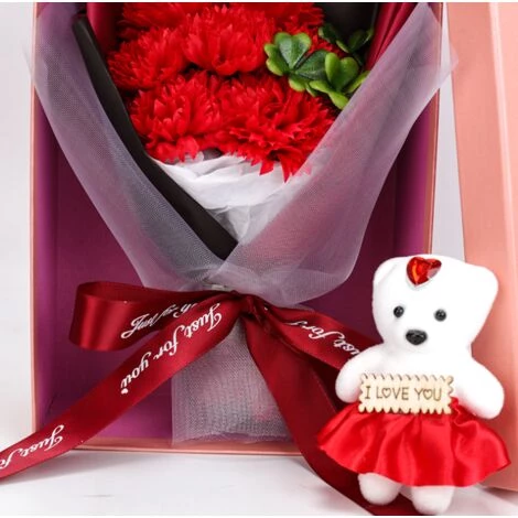 LUCKY-88 Ornement Et Décor Coffret Cadeau Bouquet De Savon Simulation 7 Roses, Cadeau Créatif Saint Et Noël (rouge, Bouquet De 7 œillets Plus Ours) 3 LUCKY-88 Ornement Et Décor Coffret Cadeau Bouquet De Savon Simulation 7 Roses, Cadeau Créatif Saint Et Noël (rouge, Bouquet De 7 œillets Plus Ours) – Image 3