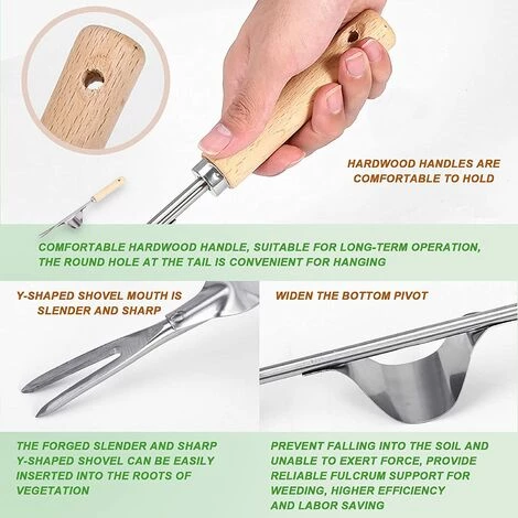MEZHENG Désherbeur Manuel En Acier Inoxydable, 2Pièces Désherbeur à Main Jardin Désherbage En Forme De Y Extracteur Avec Manche En Bois, Pour Désherbage Repiquage Plantation Outil De Fourche Jardinage 2 MEZHENG Désherbeur Manuel En Acier Inoxydable, 2Pièces Désherbeur à Main Jardin Désherbage En Forme De Y Extracteur Avec Manche En Bois, Pour Désherbage Repiquage Plantation Outil De Fourche Jardinage – Image 2